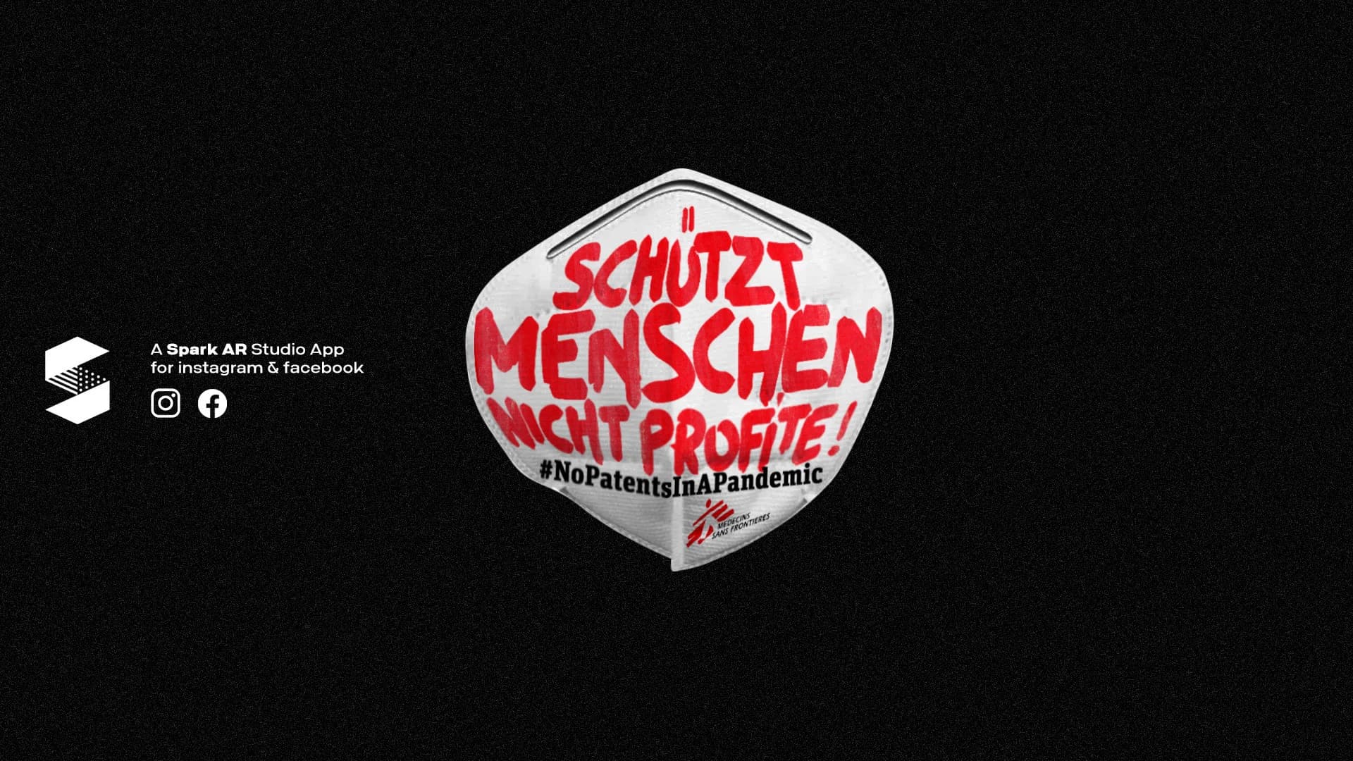 Placeholder: Screenshot des AR-Filters auf Instagram mit mehreren diversen Gesichtern, die eine FFP2-Maske tragen, auf der 'No Patents in a Pandemic' steht.
