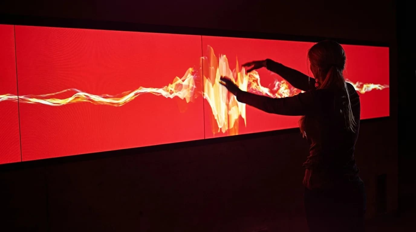 Close-up der abstrakten Elementvisuals: fließende Wasserformen, lebendige Flammen, wirbelnde Luft und erdige Texturen.