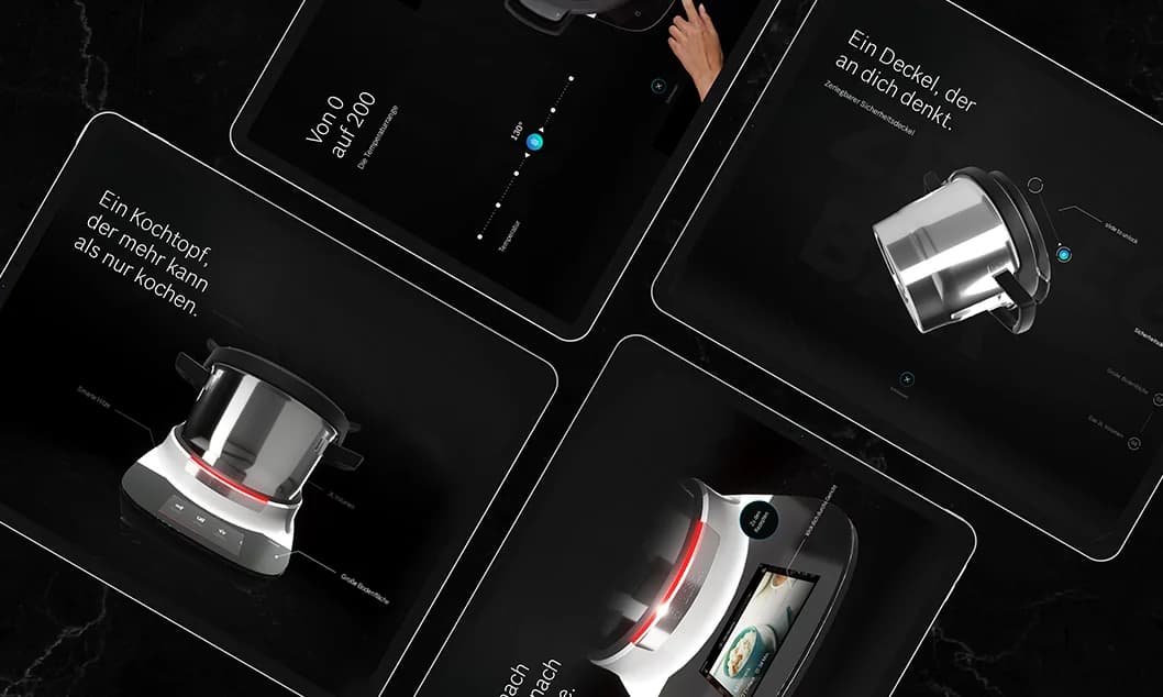 iPad in der Hand eines Mitarbeiters, die App zeigt das 3D-Modell des Cookit und UI-Elemente des Content-Management-Systems.