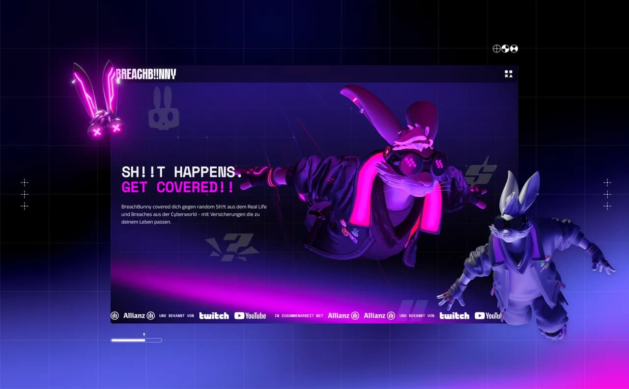 3D-Maskottchen (Bunny) in einer neon-gesättigten, popkulturellen Markenwelt, das als Guide durch Scroll-Szenen führt