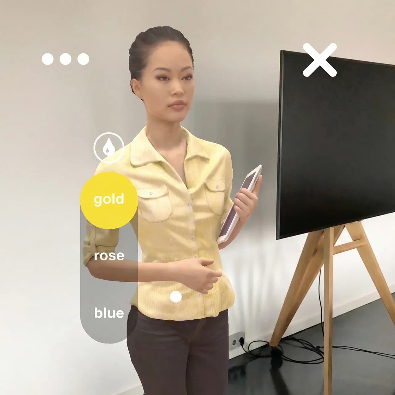 Platzhalter: Close-up der AR-UI mit Hotspots und Farbvarianten-Overlay auf dem Kleidungsstück.