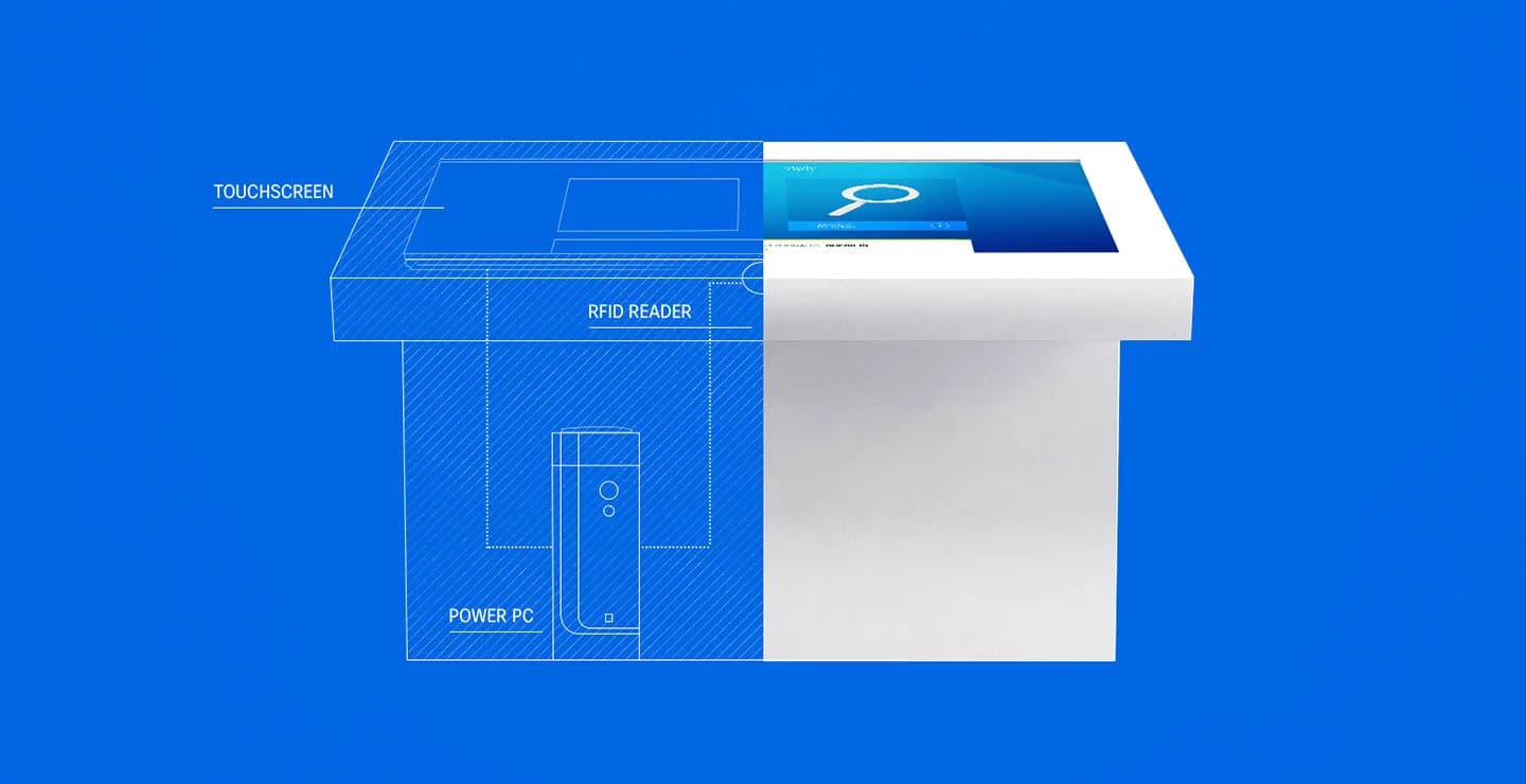 Platzhalterbild: Die 12 großen 38'' Touchscreens mit dem 3D‑Modell der Cisco‑Halle, Nutzer interagieren per Gesten.