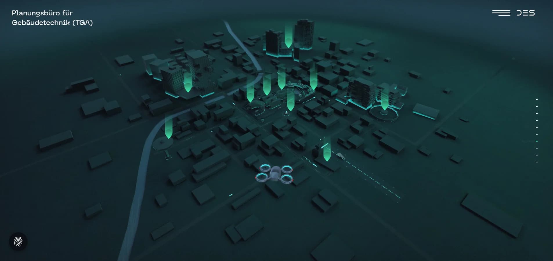 Platzhalter: Übersicht der 3D‑Projektwelt mit Drohne über einer futuristischen Skyline.