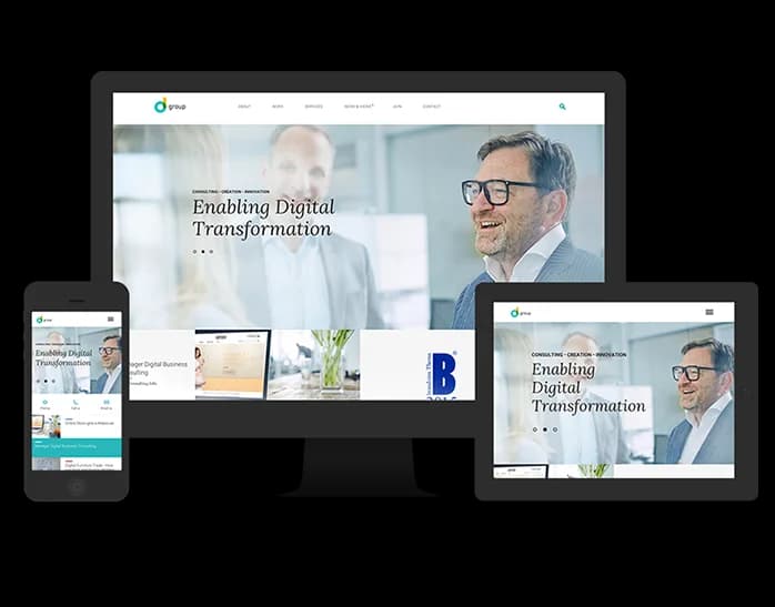 Mockups der modularen Website auf Smartphone, Tablet und Desktop mit farbkodierten Service‑Kacheln.