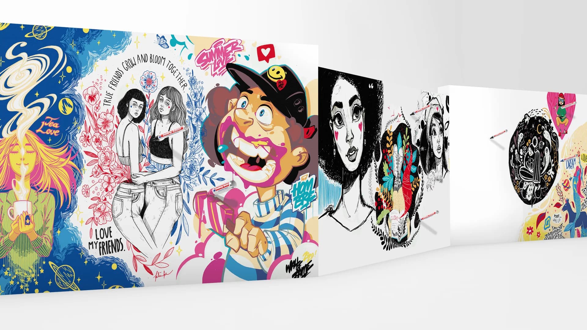 Platzhalter: Live-Ansicht der digitalen Mauer mit bunten Strichen und Nutzer-Avataren beim Zeichnen.