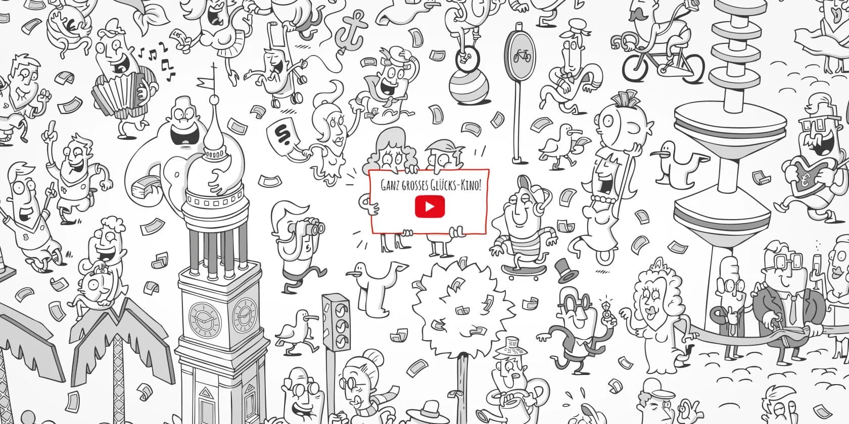 Animiertes Wimmelbild der Hamburger Innenstadt mit markierten Interaktionszonen und einem offenen Rand zur Einfügung neuer Figuren.