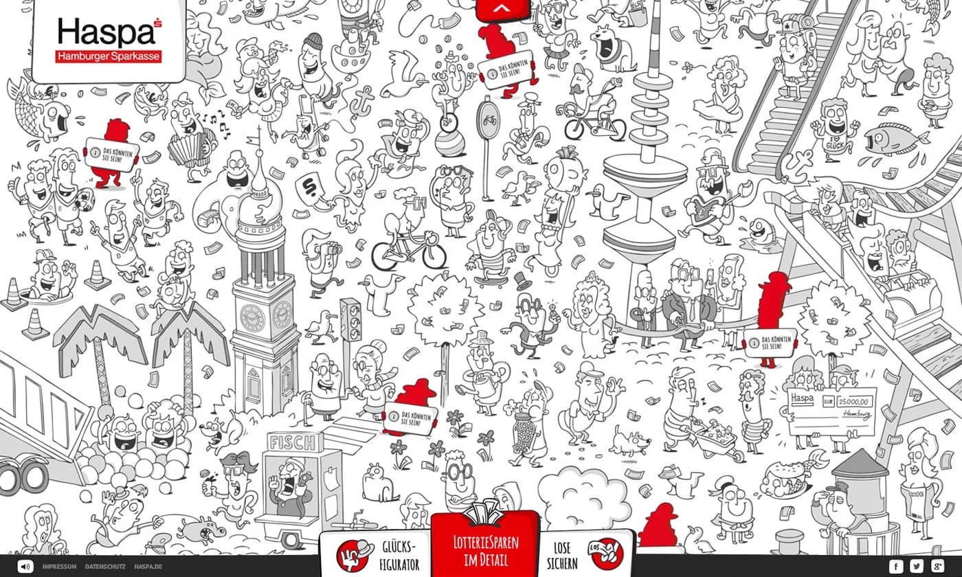 Foto der Glücksbox im Stadtraum vor einer Hamburger Kulisse; ein Teilnehmer bekommt seine illustrierte Figur als Ausdruck überreicht.