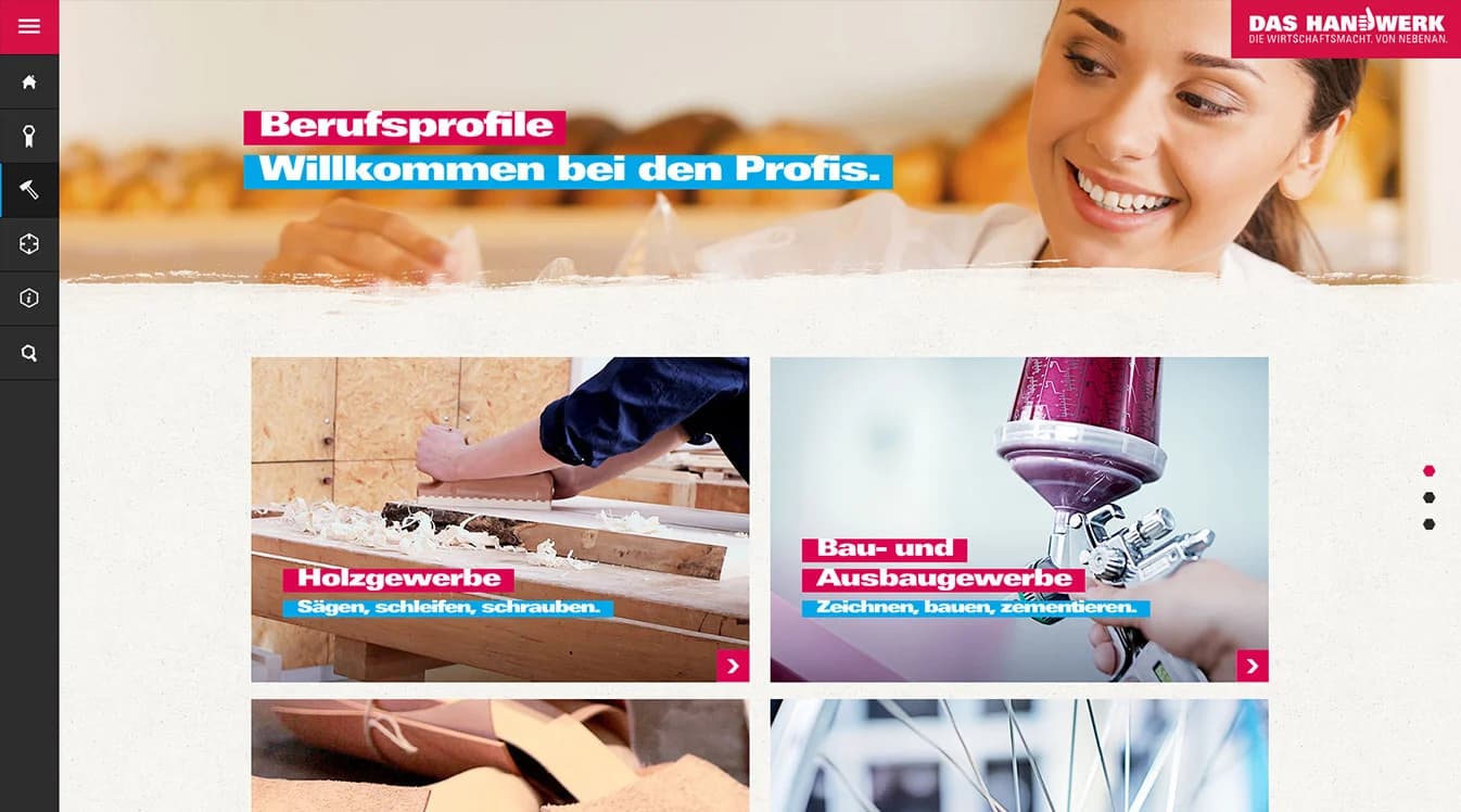 Collage aus emotionalen Headerbildern: junge Auszubildende in verschiedenen Handwerksberufen.