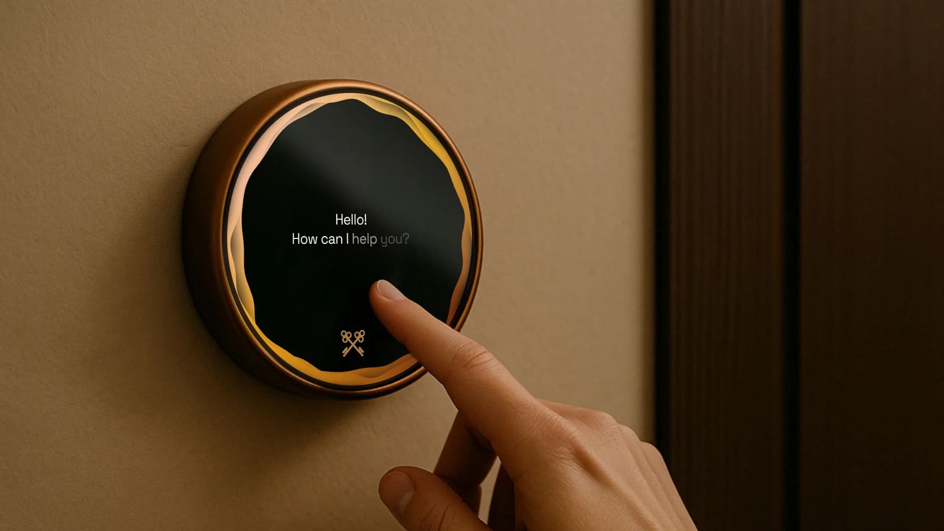 Stilvolles Hotelzimmer; ein Gast berührt das Display. Atmosphäre warm und vertrauensvoll, Fokus auf Interaktion zwischen Mensch und Gerät.