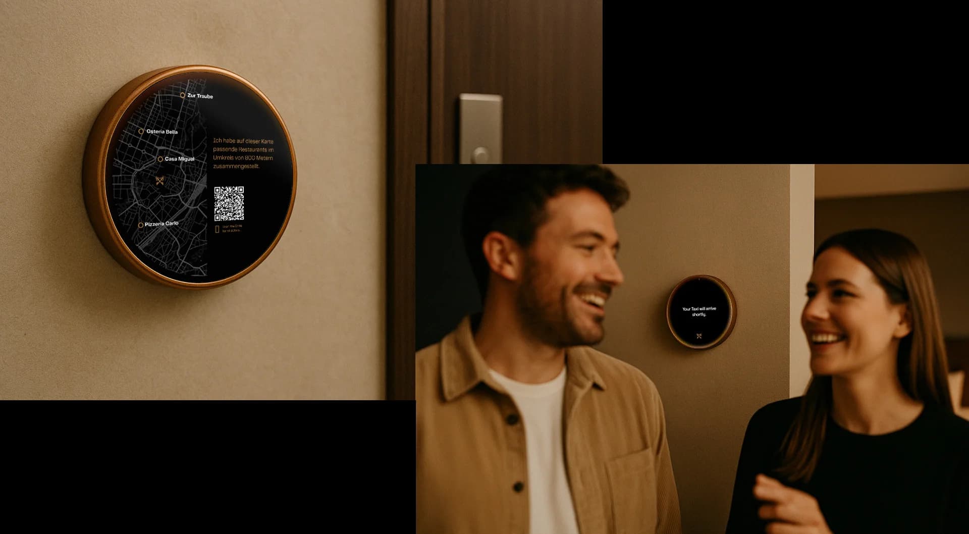 Nahaufnahme eines Gerätes, das eine Unterhaltung in mehreren Sprachen anzeigt und gleichzeitig einen QR‑Code zum Scan auf dem Nachttisch bietet; im Hintergrund ein Gast, der sein Smartphone anhebt.