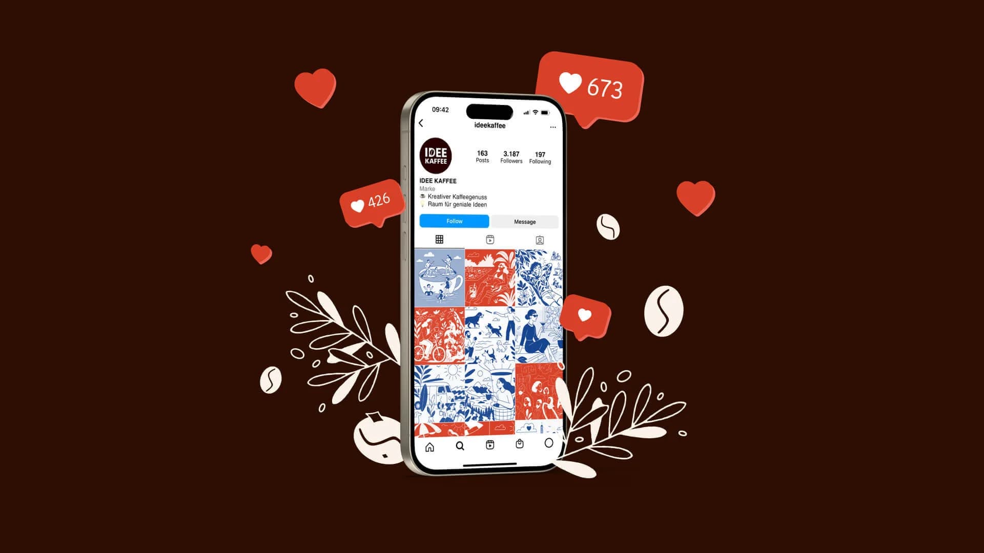 Mockup: Gewinner‑Visuals auf IDEE KAFFEE Verpackungen und Instagram‑Stories mit eingeblendeten Creator‑Credits.