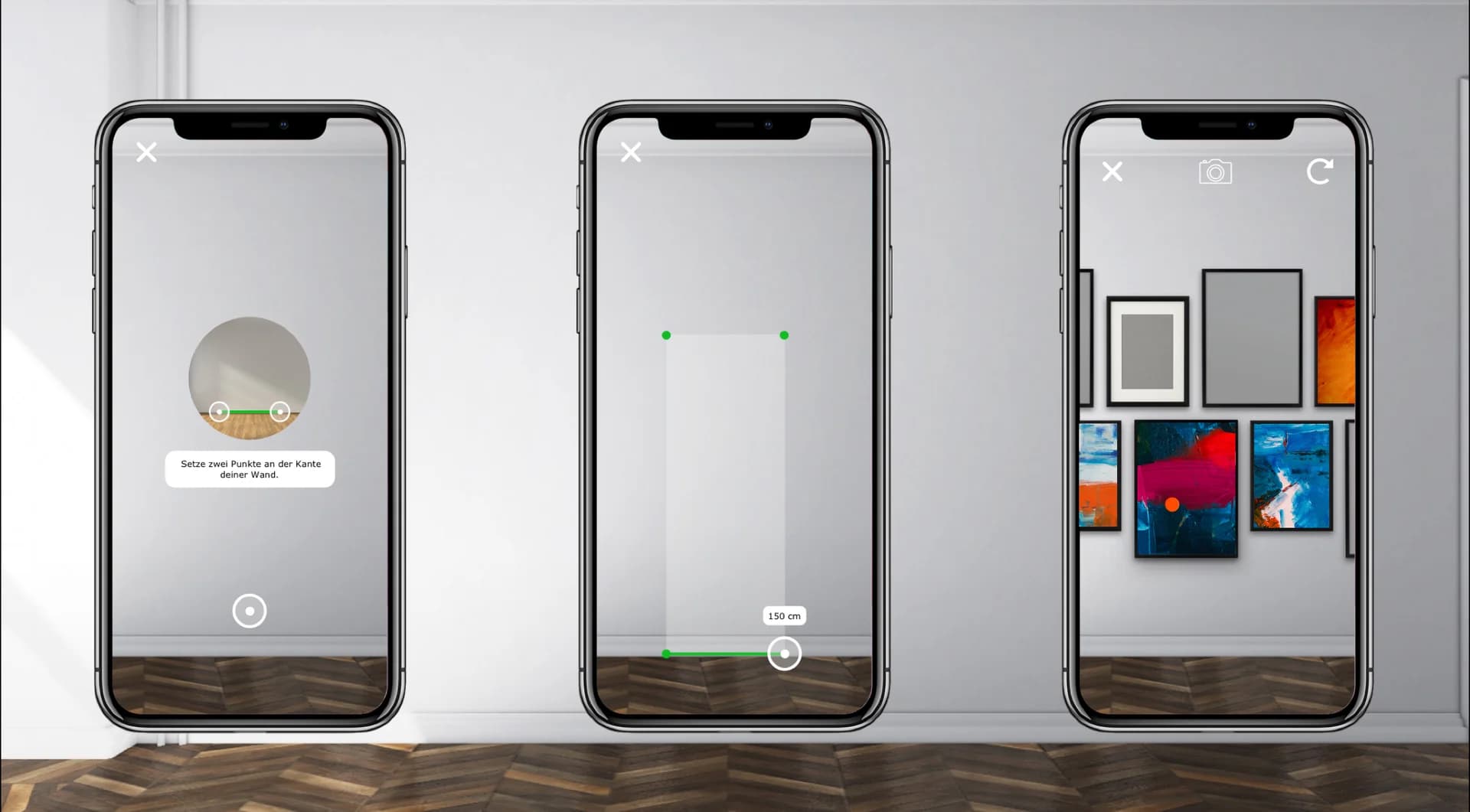 Mobile-Ansicht des Wanddeko Planers auf einem Smartphone, zeigt fotorealistische 3D-Wand mit Produktarrangement und AR-Overlay in einer modernen Wohnszene.
