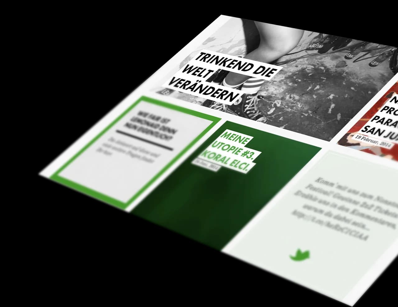 Vorschau des Blog-Layouts mit Einträgen, Kacheln und Projekt-Teasern.