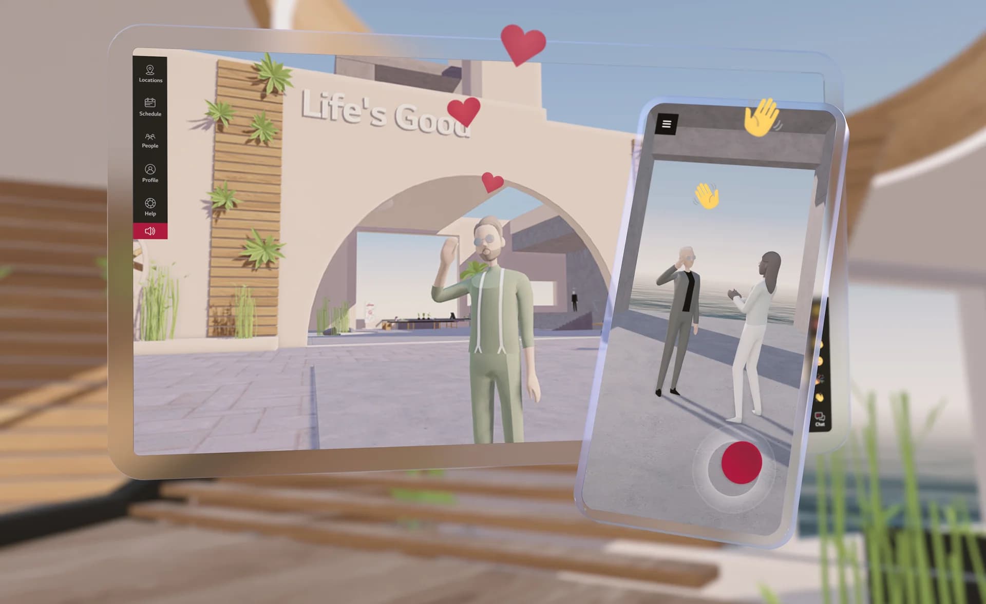 Lobby mit Avataren und Portalen zum Auditorium und Showroom (Platzhalter).