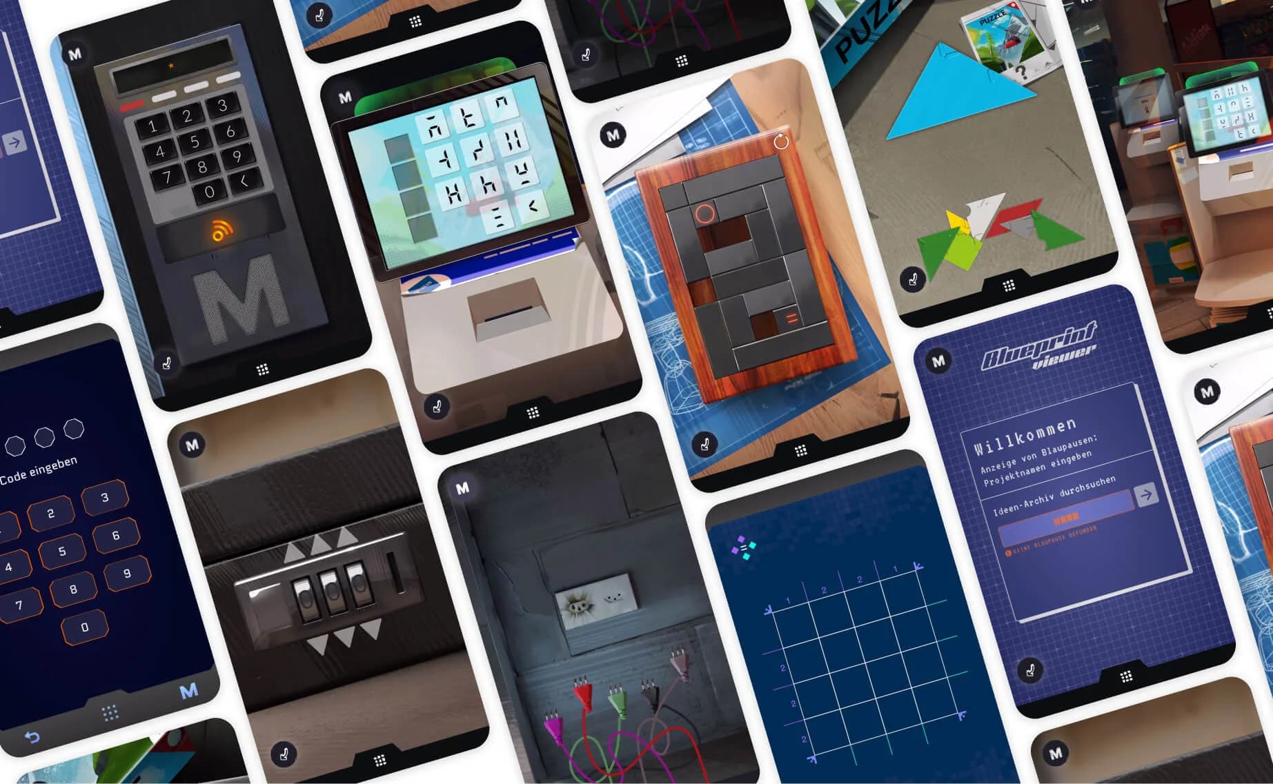 Platzhalter: Grid mit Concept-Art-Rooms, Inventar-Icons und Interface-Skizzen