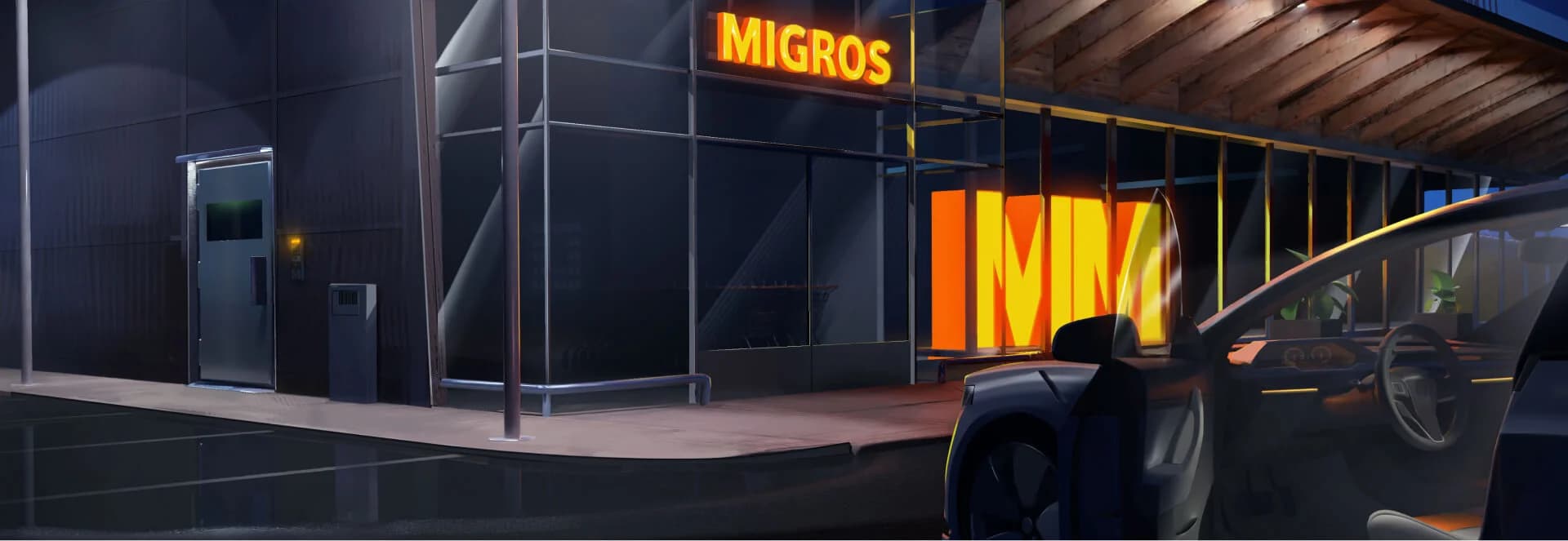 Platzhalter: Illustration einer verlassen wirkenden Migros-Filiale als atmosphärisches Szenenbild im Concept-Art-Stil