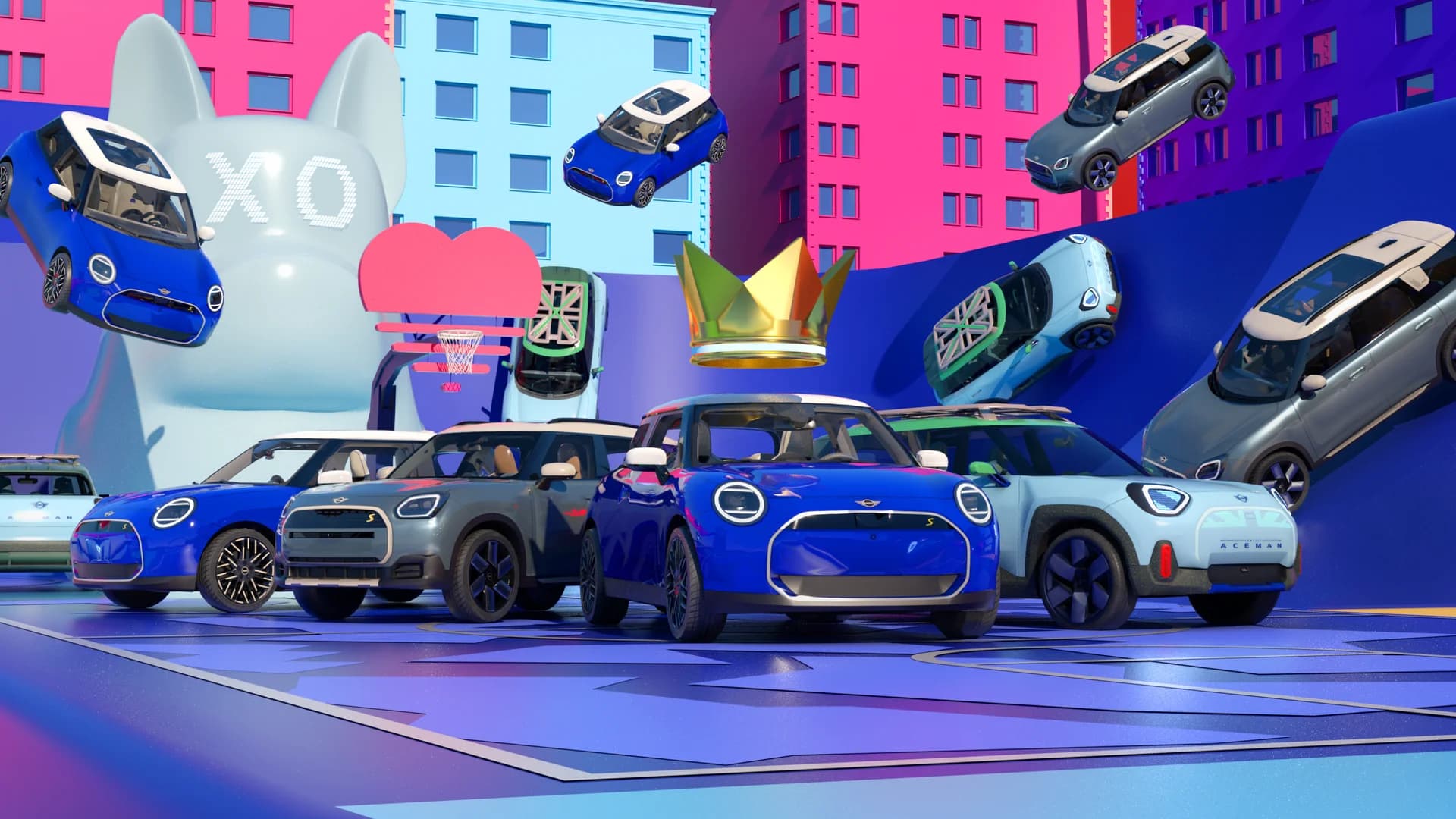 Screenshot von MINI Central während eines Events: Avatare interagieren, mehrere digitale MINI‑Modelle fahren durch die Szene, lebendige Lichteffekte und Event‑Branding. Stil: nächtliche Event-Atmosphäre mit hoher Farbigkeit.