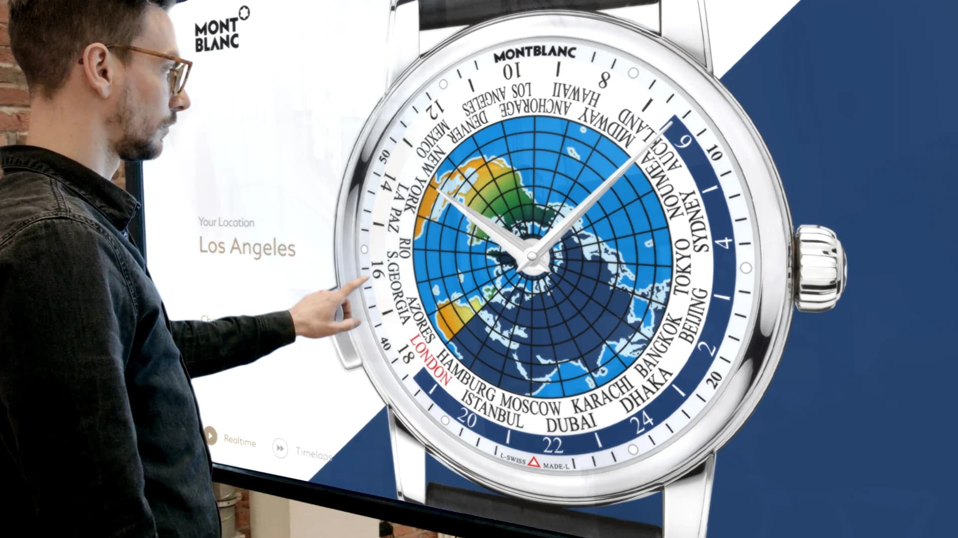 Platzhalter: Nahaufnahme einer Montblanc-Uhr mit aufgeschnittenem Zifferblatt und animierten Layern zur Visualisierung der Mechanik.