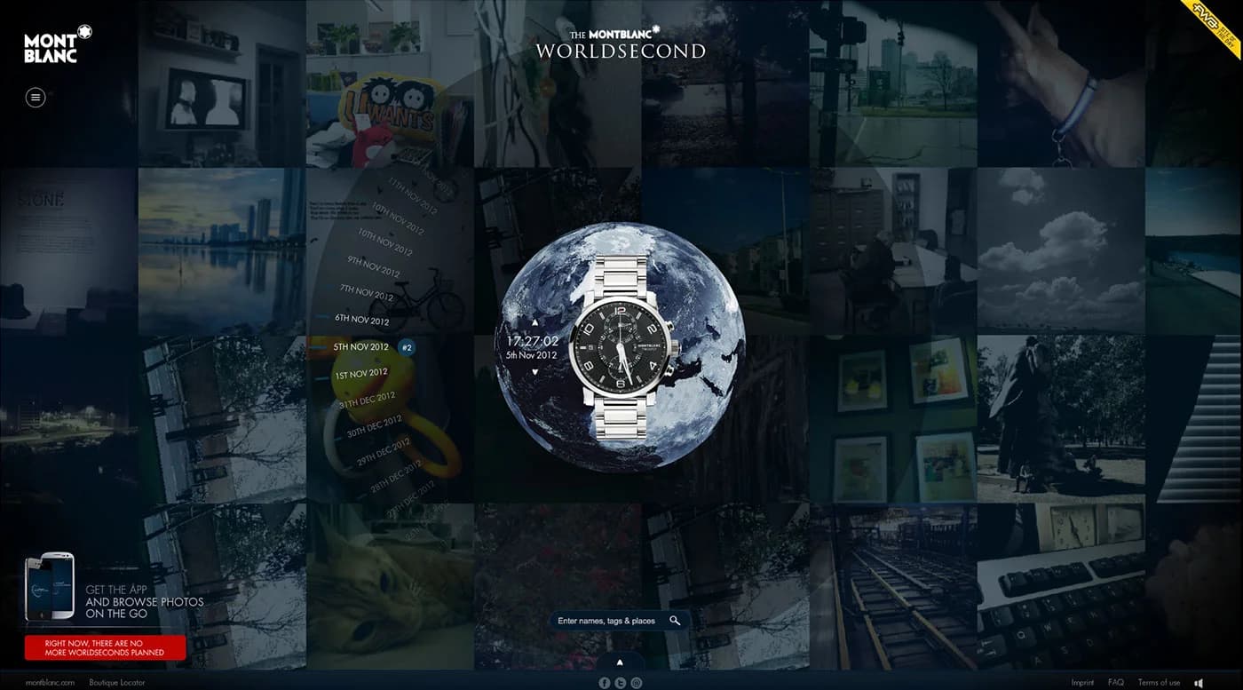 Globaler Bild-Mashup: Mosaik aus Fotos, die gleichzeitig weltweit aufgenommen wurden, mit subtilen Uhrengraphik-Overlays als visuelle Verbindung.