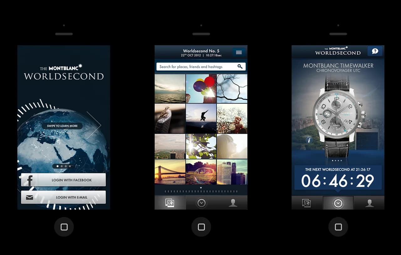 Mobile UI: Countdown in 60stel-Einheiten mit kreisförmigen Buttons und vernetzten Punkten im Hintergrund.