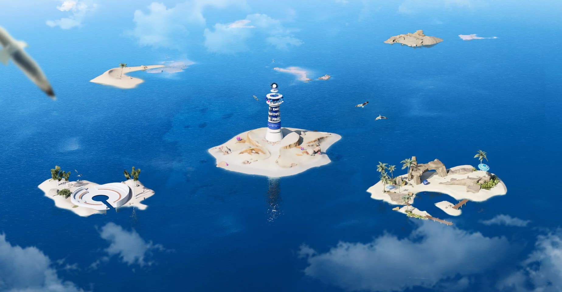 Visualisierung der 3D-Inselwelt mit NIVEA-Branding, Meer und interaktiven Inseln als Platzhalter.