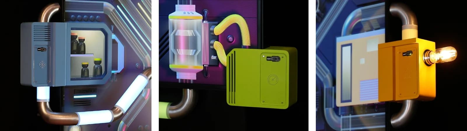 Prototyp-Aufbau aus Karton, Tape und LED‑Stripes mit sichtbaren NFC‑Tags am Messestand (Platzhalter).