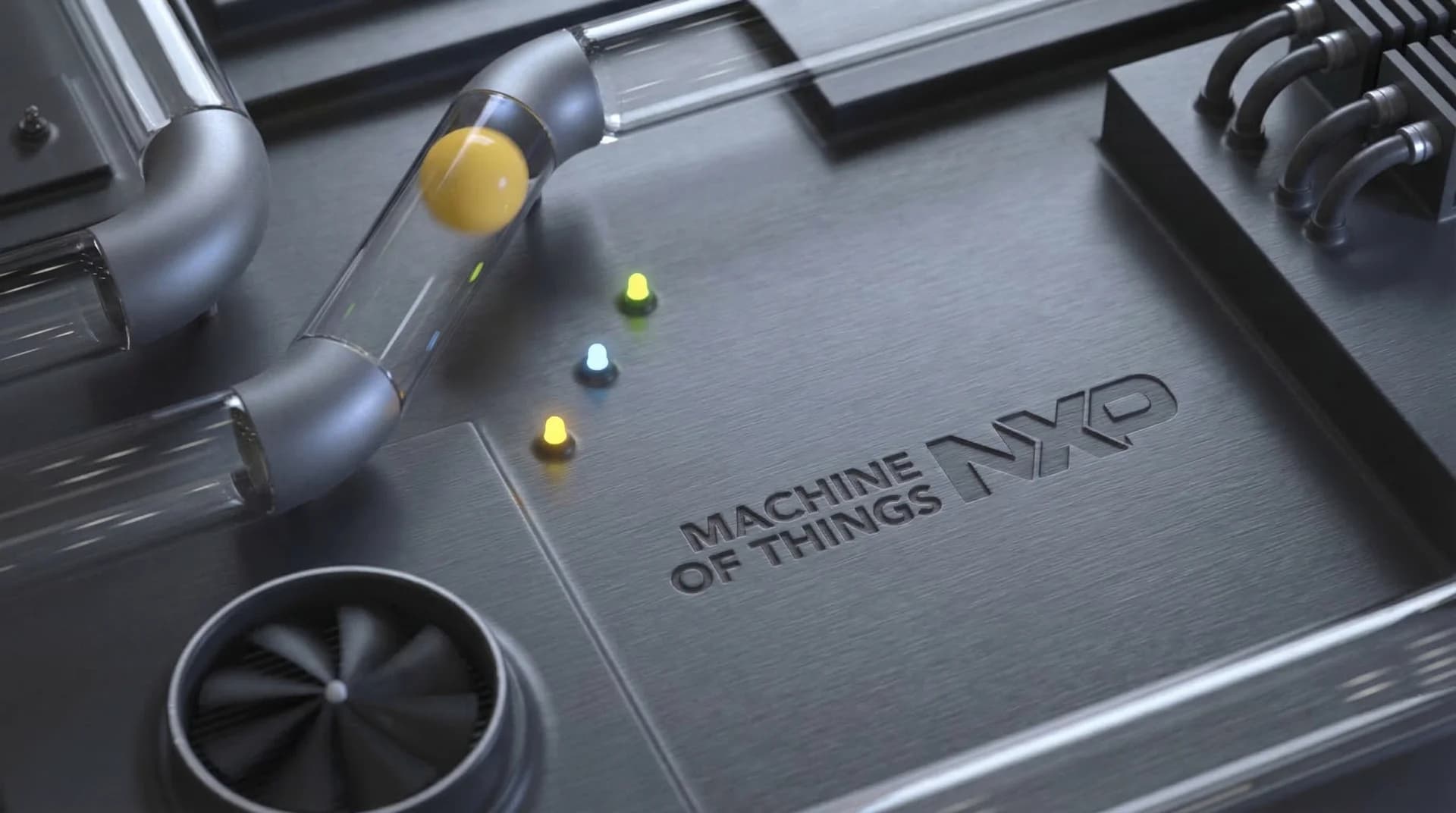 Interaktive Szene am Messestand: Besucher scannt NFC‑Tag, LED reagiert, 3D‑Animation auf dem Screen (Platzhalter).