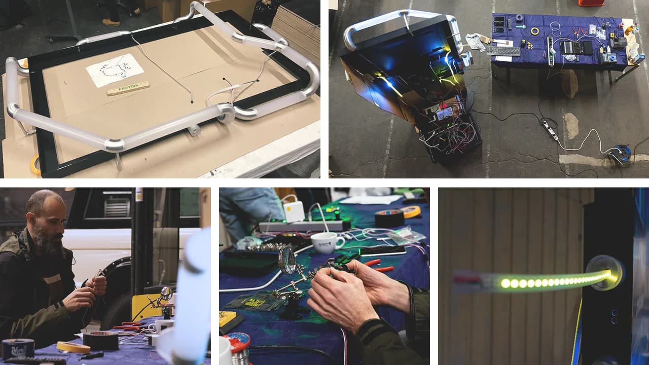 Mobile App Interface neben der physischen Machine: App‑Screen mit Ball‑Animation und darüberliegenden LED‑Rohren (Platzhalter).