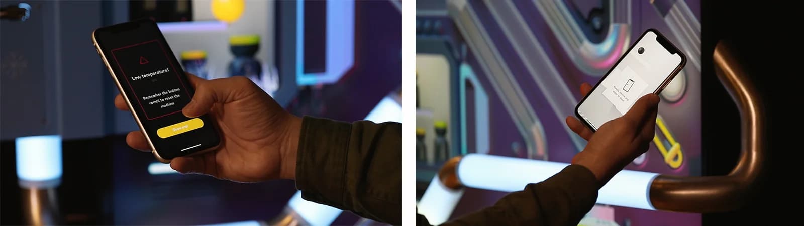 Prototyp-Aufbau aus Karton, Tape und LED‑Stripes mit sichtbaren NFC‑Tags am Messestand (Platzhalter).