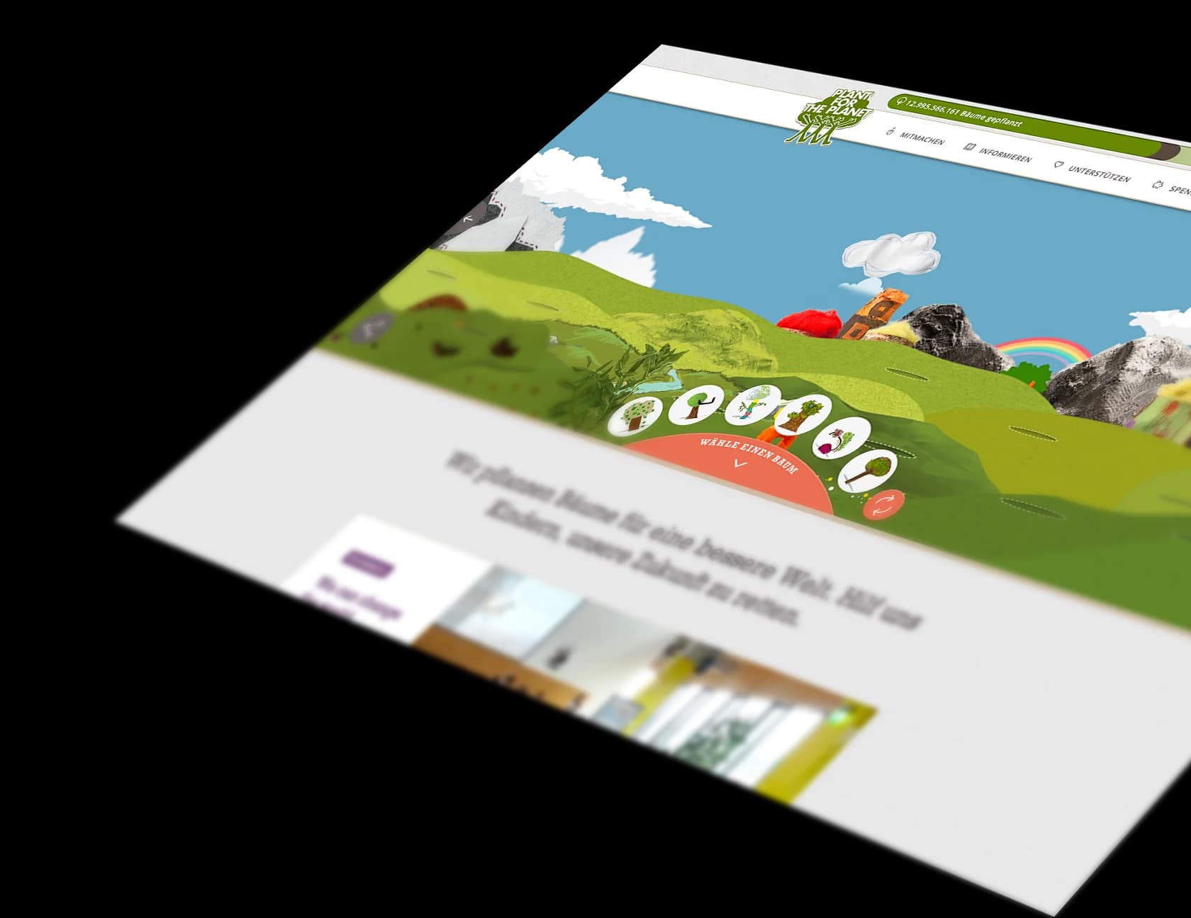 Mockup einer Tablet-Interaktion mit Gestensteuerung in der Baumwelt.