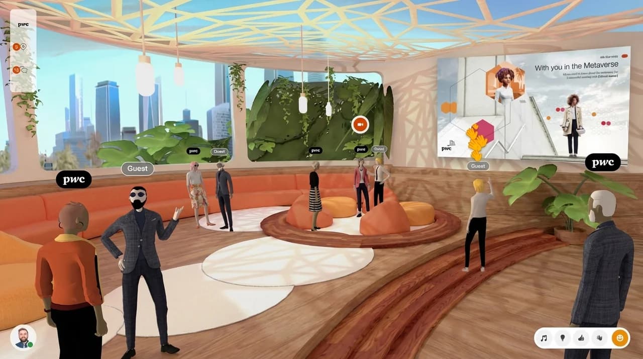 Platzhalter: Avatar‑Konfigurator mit Business‑Fashion und einem virtuellen Workshop‑Raum im Hintergrund.