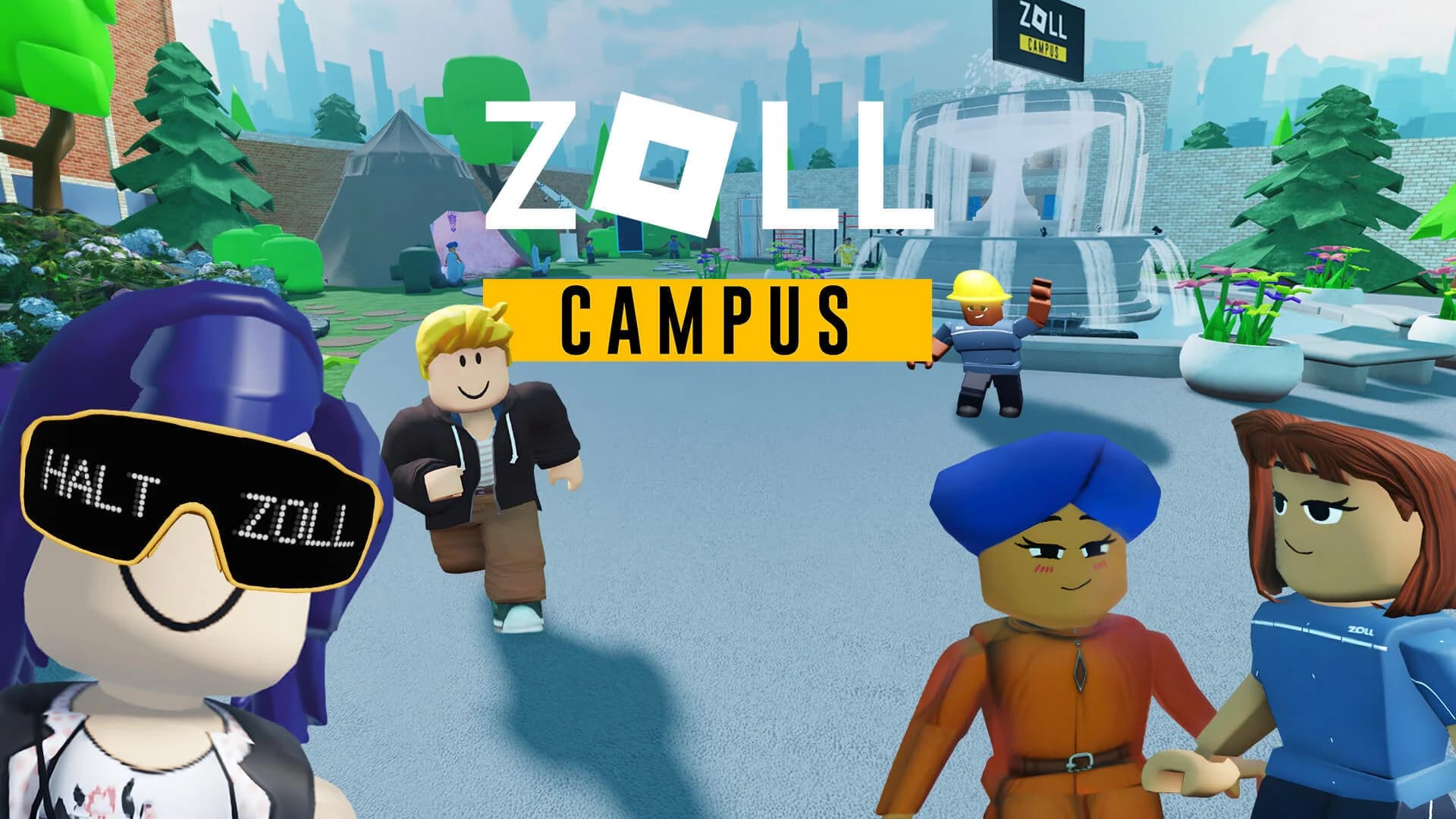 Screenshot der Roblox-Experience: Übersicht des virtuellen Campus mit Akademie, Wohnheim und spielenden Avataren in atmosphärischer Beleuchtung.