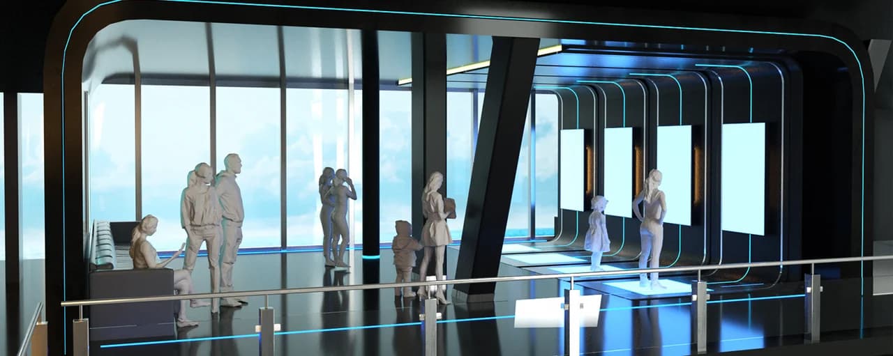 Der fertig gestaltete Spielraum mit vier Stationen, LED-Strips und einem Leaderboard, Architekturdetails sind sichtbar.