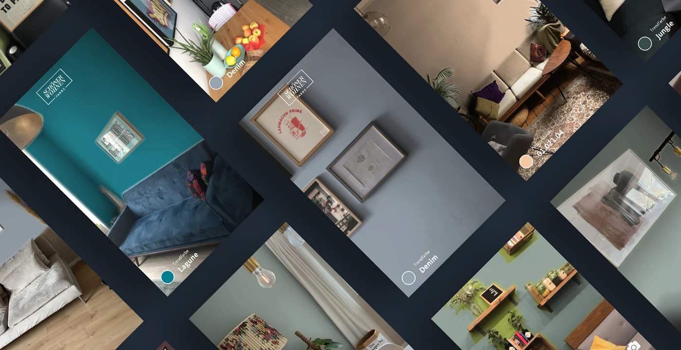 Mockup der App im 21:9 Format: Smartphone‑Liveview eines Wohnzimmers, auf die Wand wird per AR eine Farbe gelegt, Finger zeigt auf die Stelle.