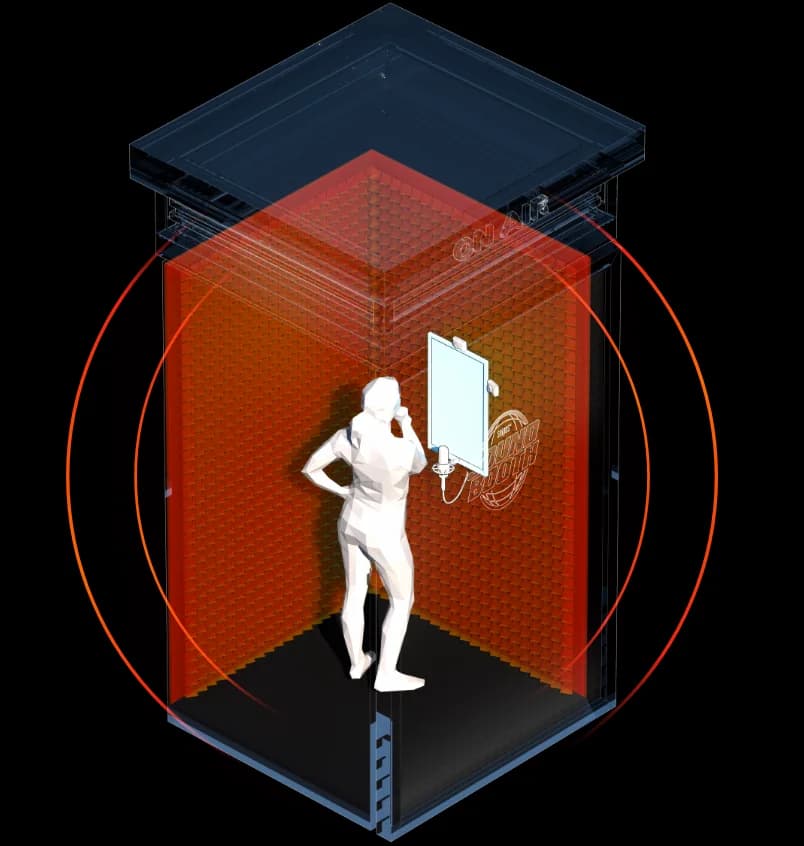 Innenansicht einer kompakten Soundbooth, eingebettet in die Retail‑Umgebung eines SNIPES‑Stores.