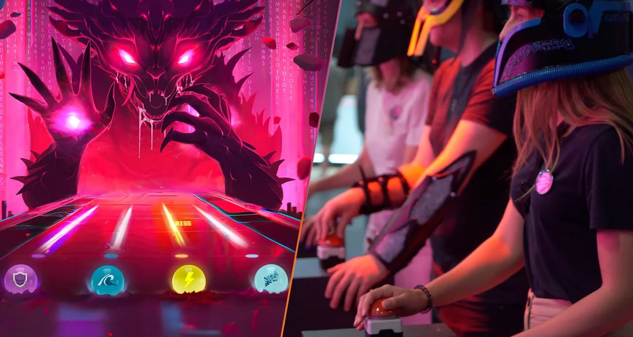 Spielszene mit vier Spielern an Buzzern und Game-UI im Hintergrund.