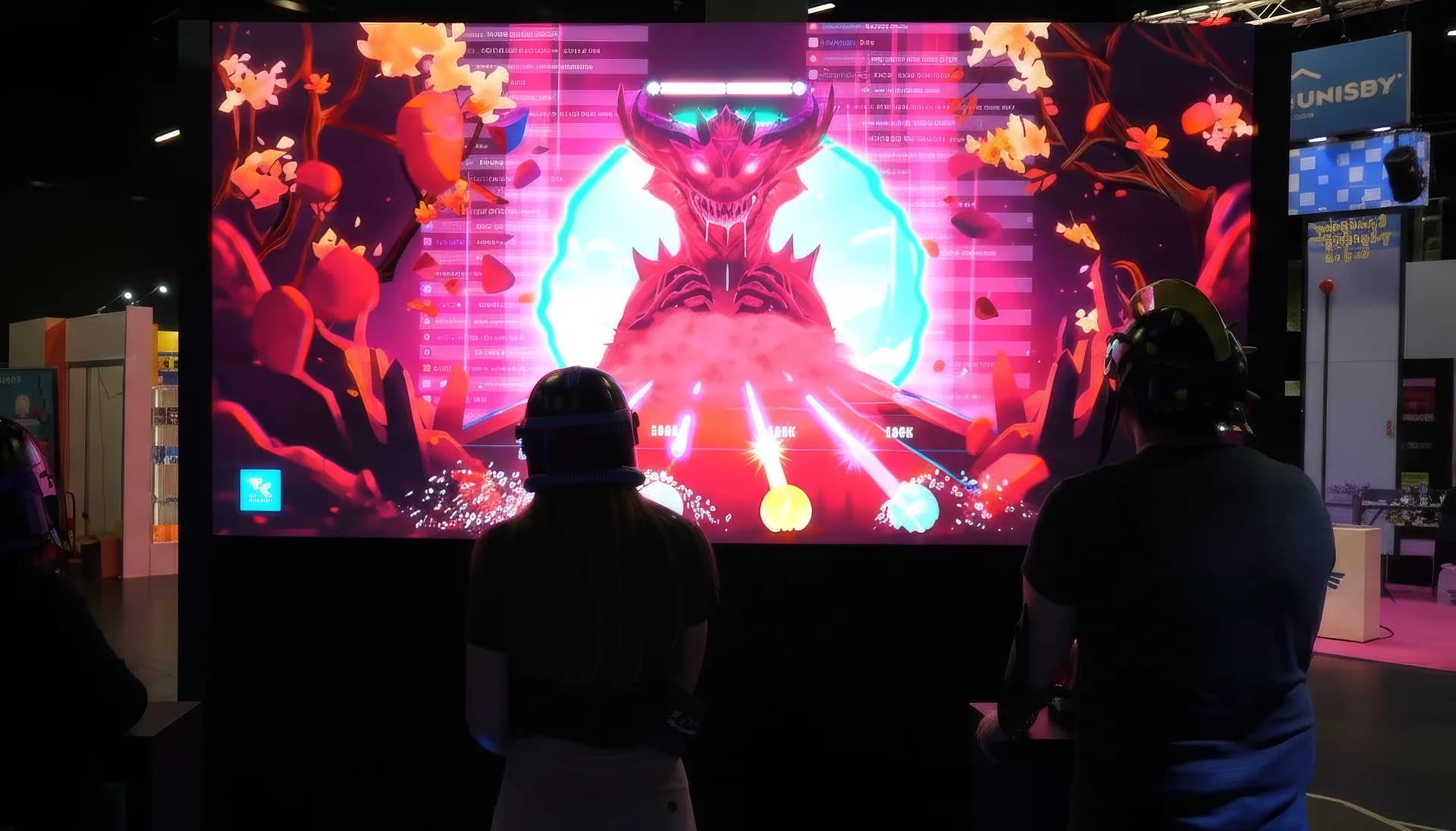 Messestand mit Spielern an Buzzern, leuchtende Screens und queuende Besucher.