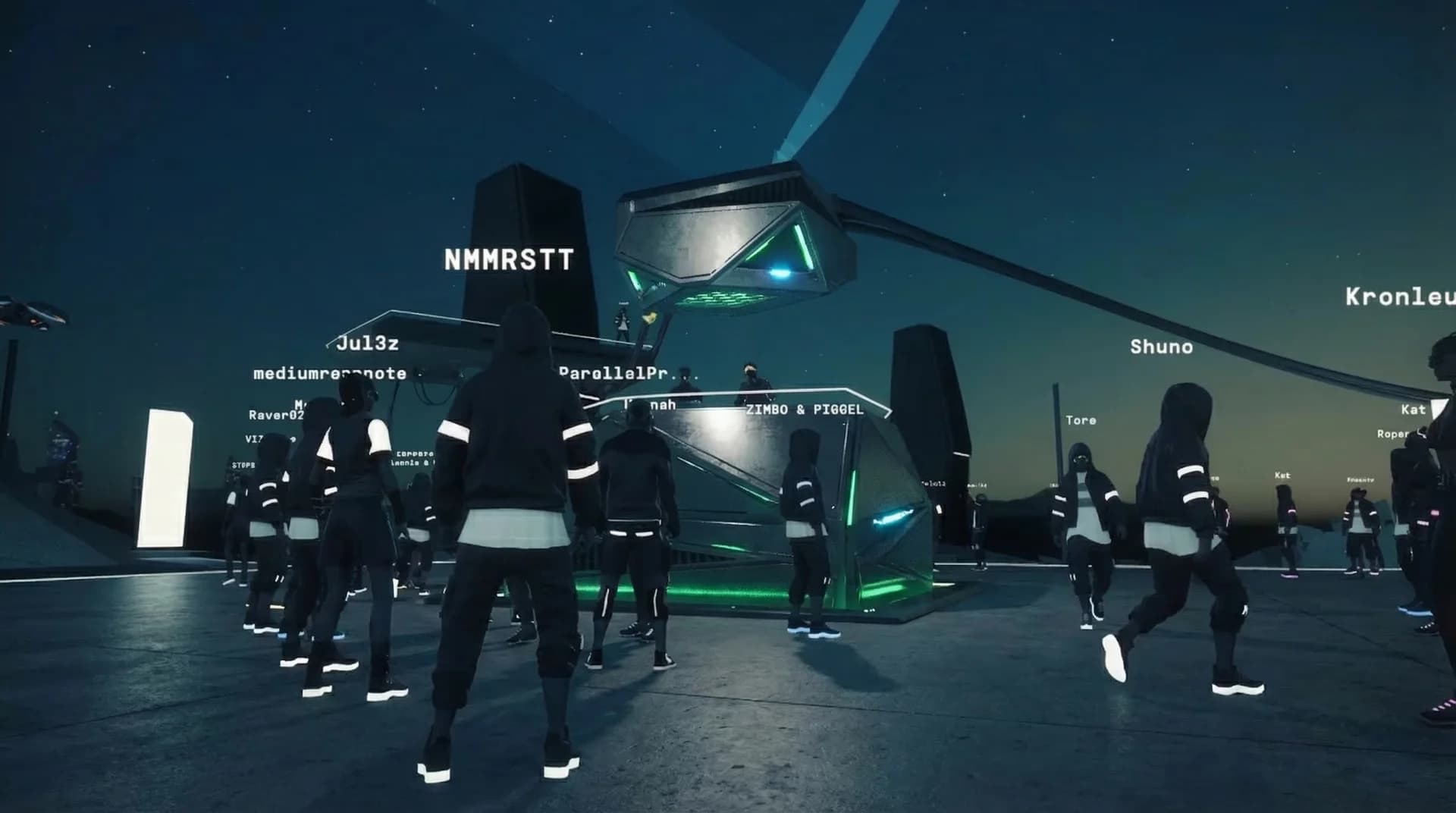 Platzhalter: Blick von der Dachterrasse über die futuristische Clublandschaft bei Nacht mit Avataren auf dem Dach.