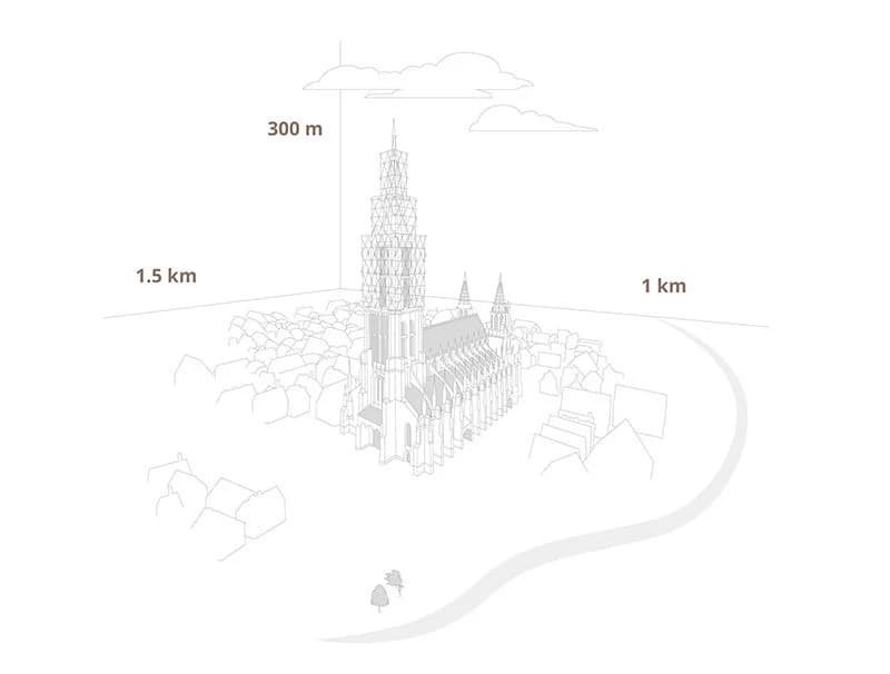Wireframe-Darstellung als ‚Schneekugel‘ der Ulmer Altstadt mit Interaktionspunkten und Flugpfaden.