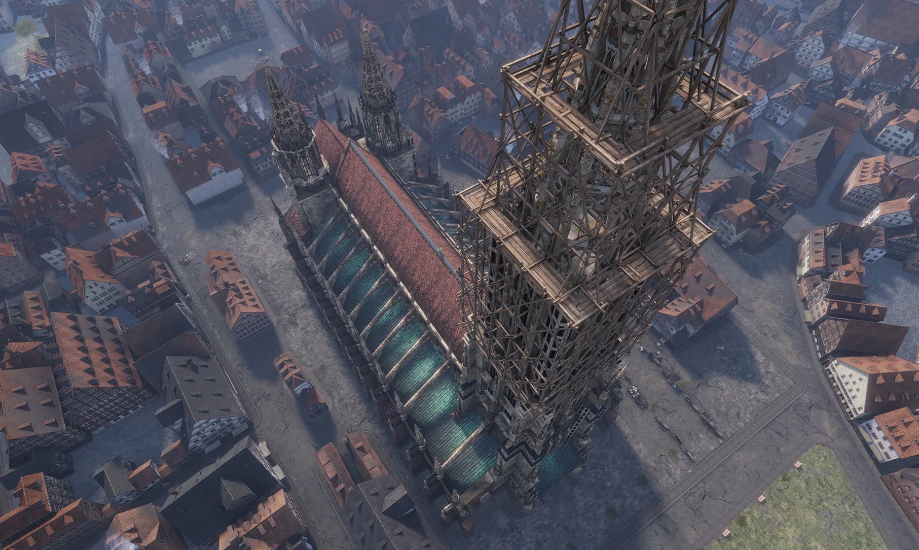 Detailaufnahme des 3D-Modells vom Ulmer Münster mit Wireframe-Overlay und Beleuchtungs-Render.