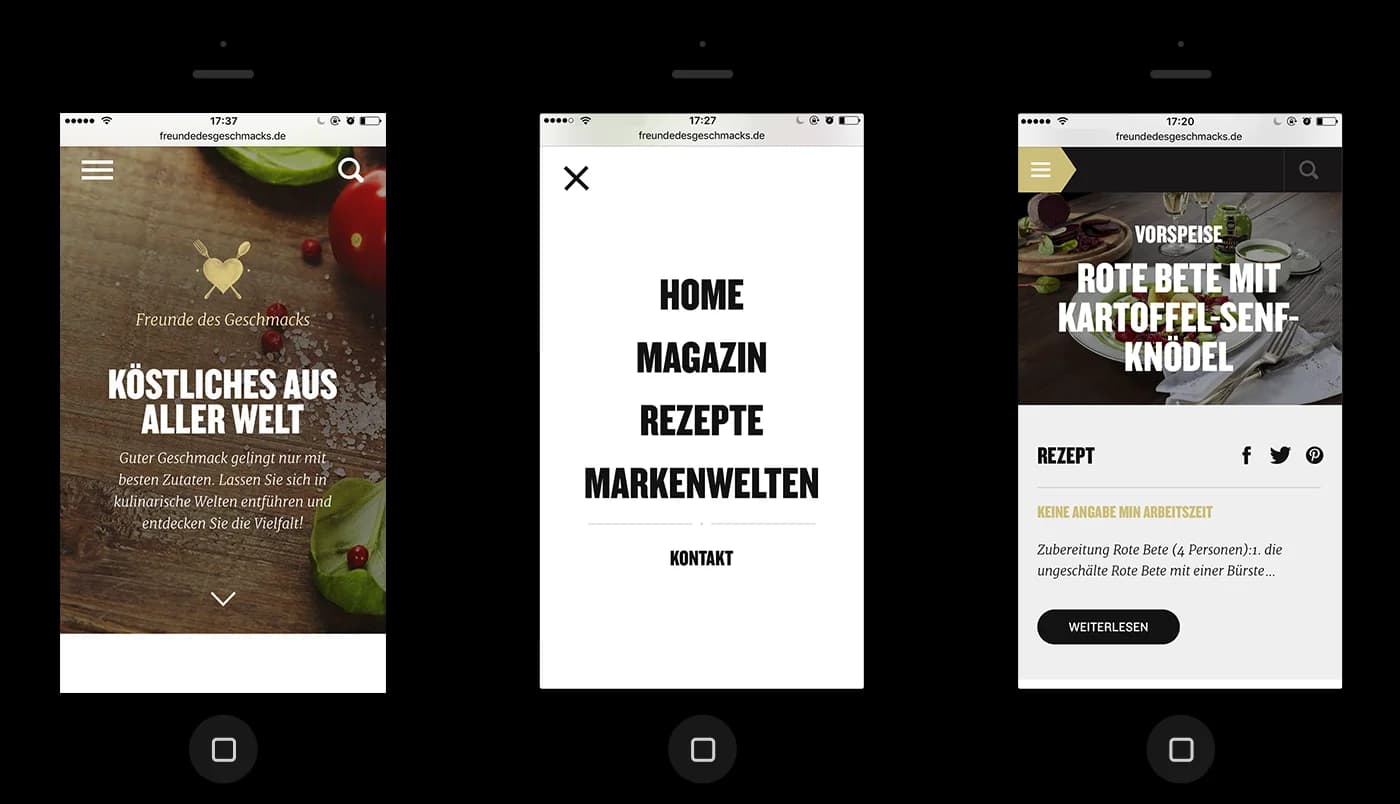 Platzhalter: Mobile‑Ansicht der Magazinseite auf Smartphone, zeigt Rezeptdetail mit Produktlinks und Social‑Buttons.