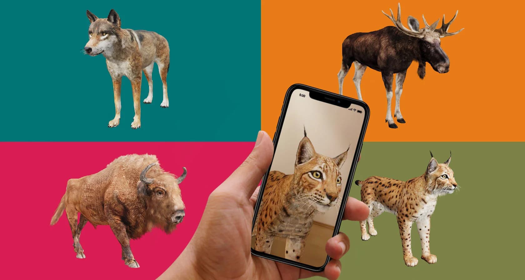 Platzhalter: AR‑Elch steht lebensecht im Wohnzimmer; eine Person interagiert mit sichtbaren Hotspots.