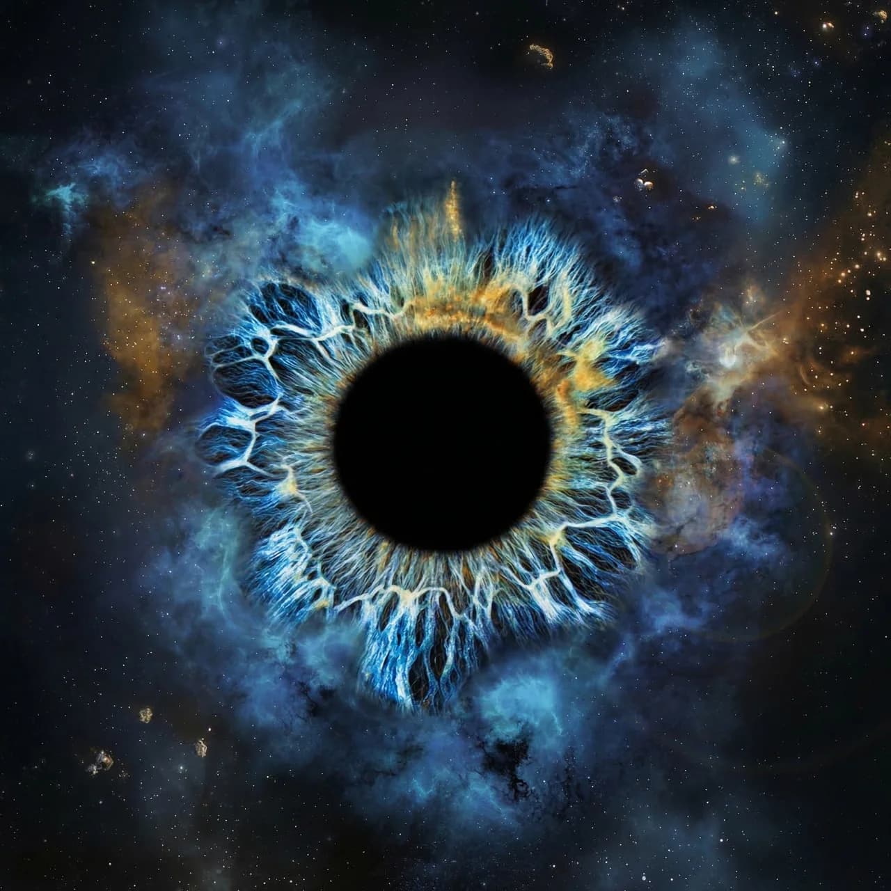 Platzhalter: Illustration des Hyperraum‑Sprungs vor einer Augen‑Galaxie.